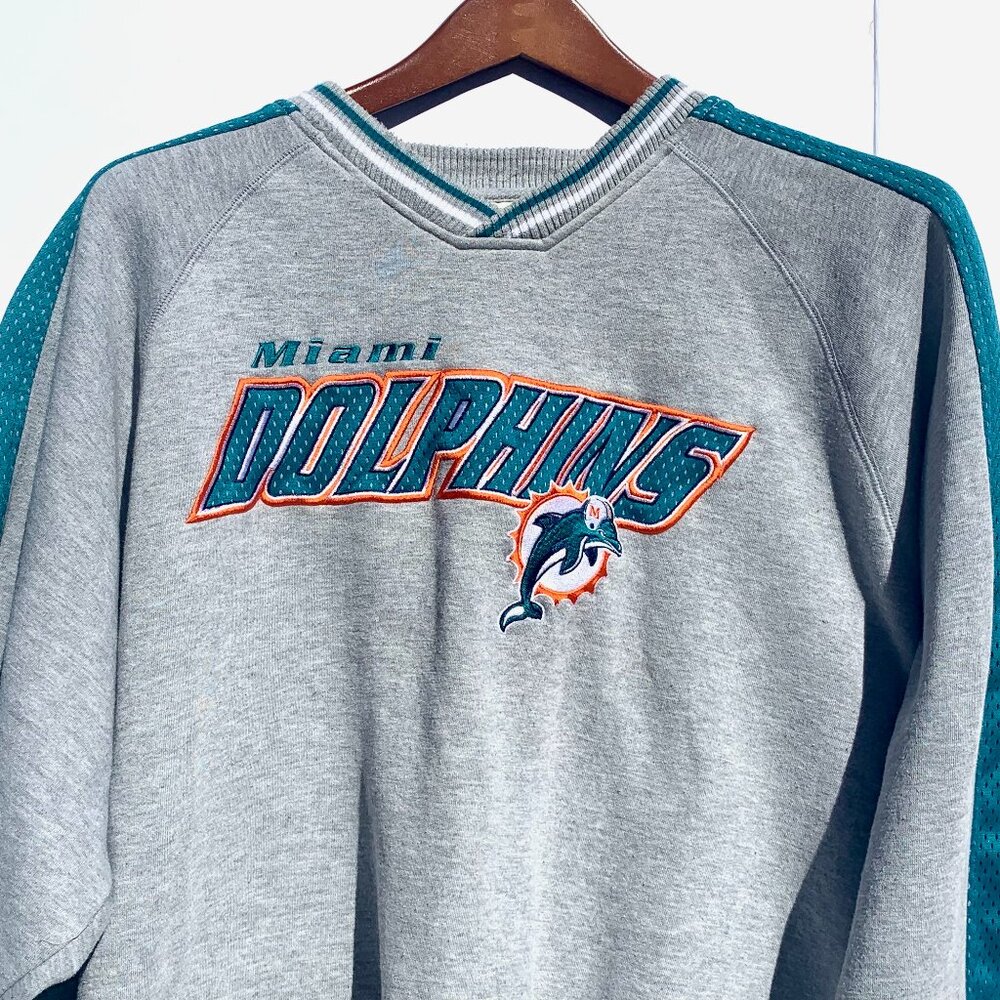 VTG Miami Dolphins NFL Embroidered Wordmark Y2K Sweatshirt, Grey, V-Neck, XXL